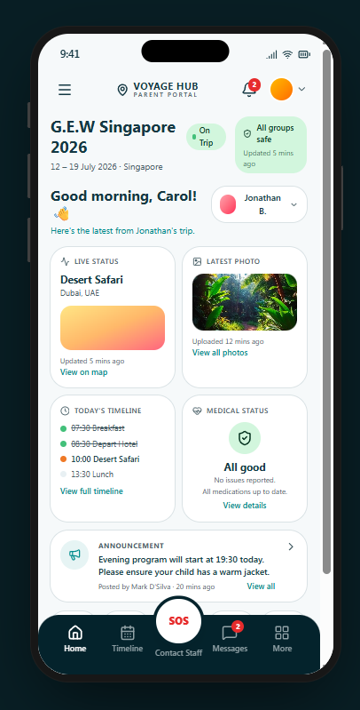VoyageHub Parent Portal mobile app showing live trip status, timeline, photos and medical updates